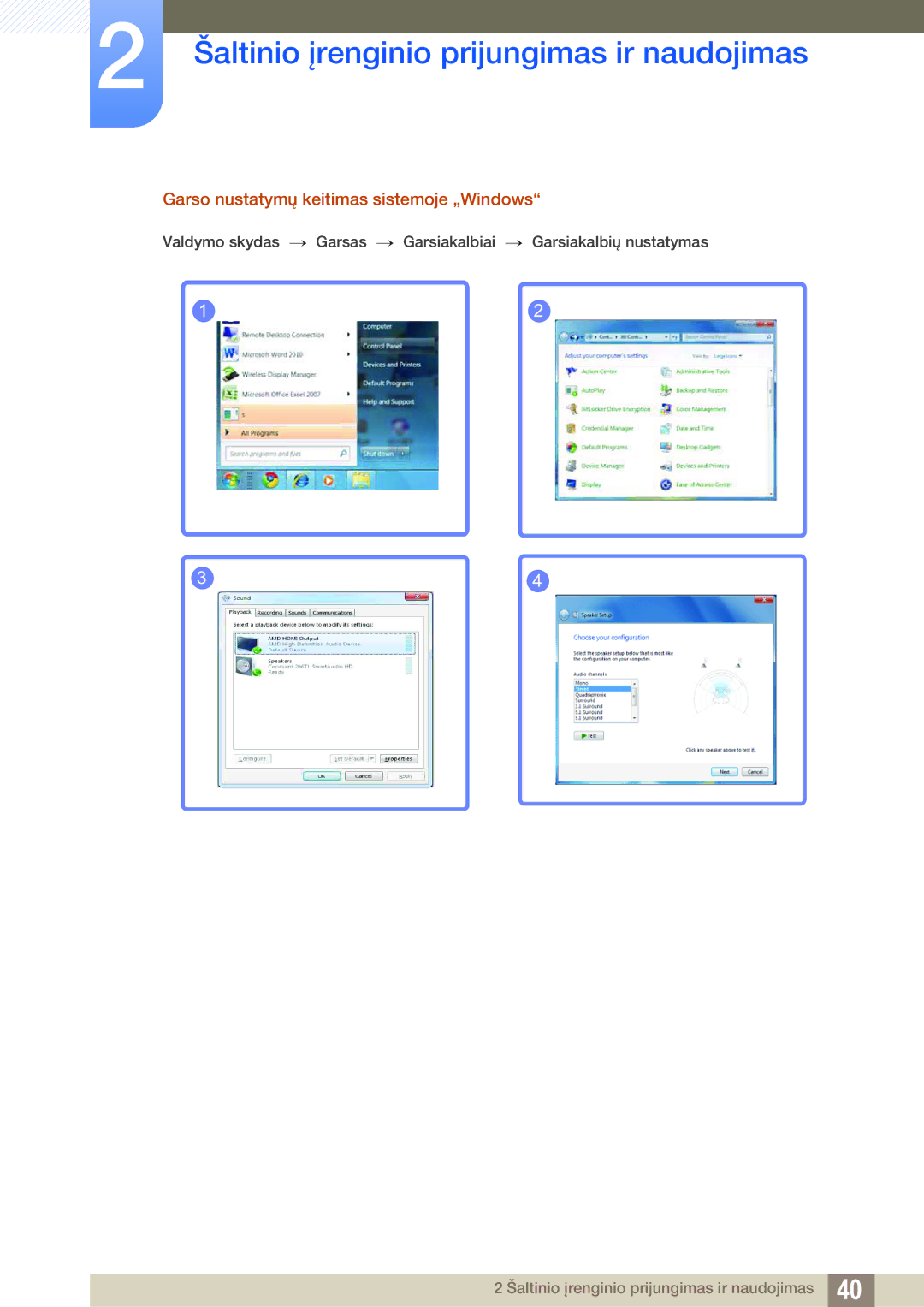 Samsung LS24C65KBWV/EN, LS24C65UXWF/EN, LS24C65UDW/EN manual Garso nustatymų keitimas sistemoje „Windows 