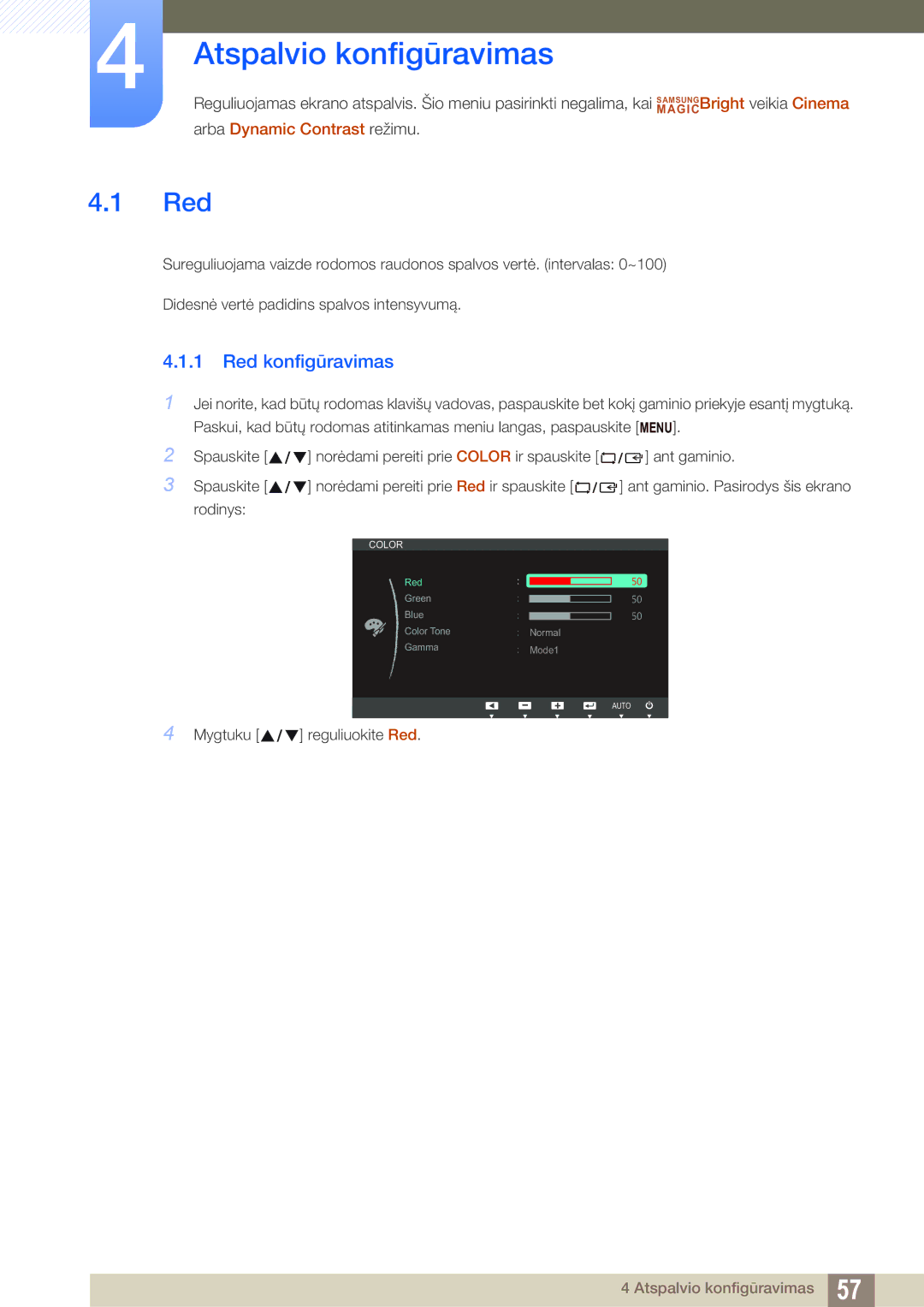 Samsung LS24C65UXWF/EN, LS24C65KBWV/EN, LS24C65UDW/EN manual Atspalvio konfigūravimas, Red konfigūravimas 