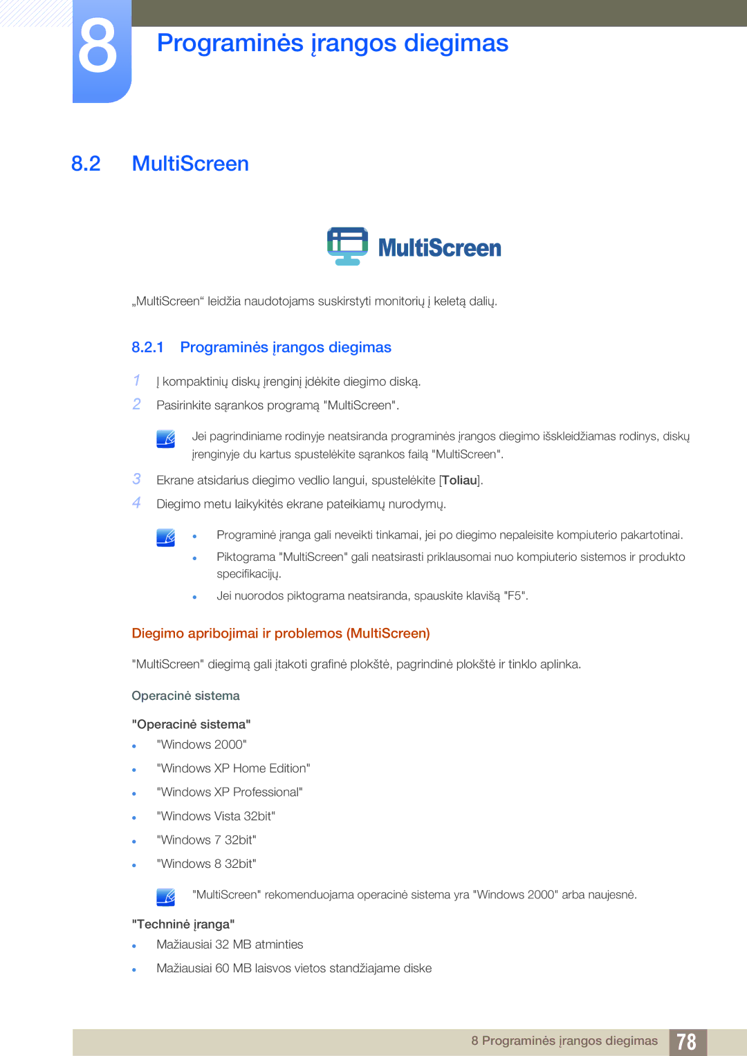 Samsung LS24C65UXWF/EN, LS24C65KBWV/EN, LS24C65UDW/EN manual Diegimo apribojimai ir problemos MultiScreen 