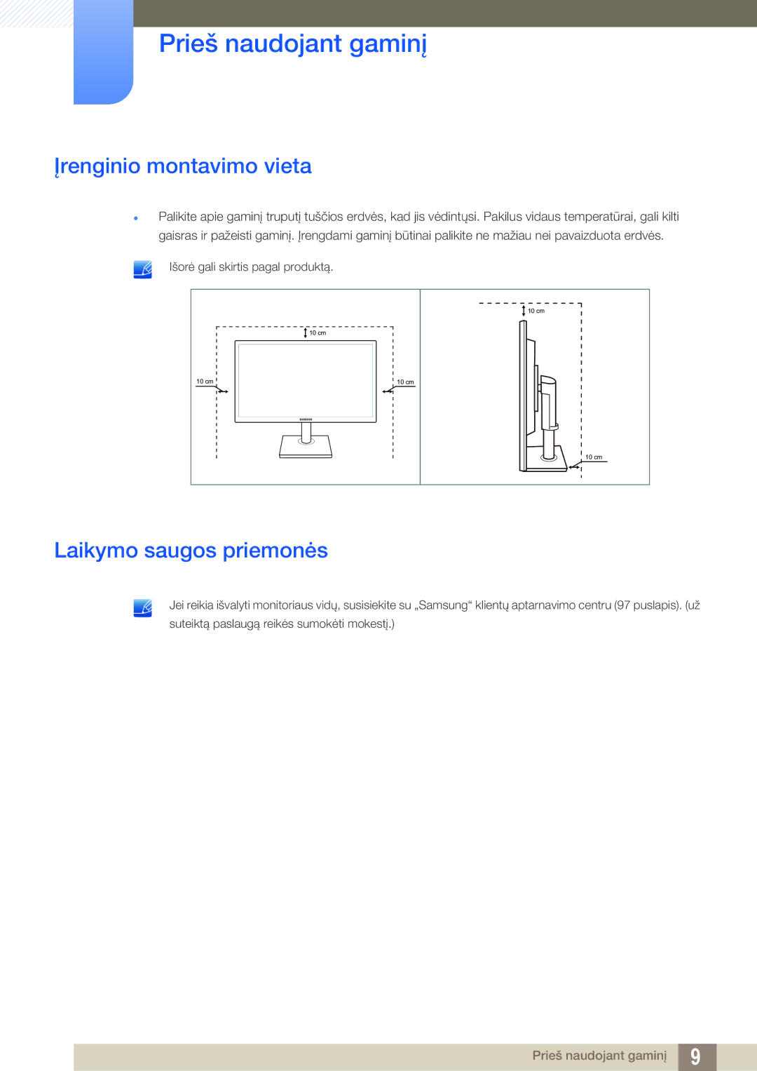 Samsung LS24C65UXWF/EN, LS24C65KBWV/EN, LS24C65UDW/EN manual Įrenginio montavimo vieta, Laikymo saugos priemonės 