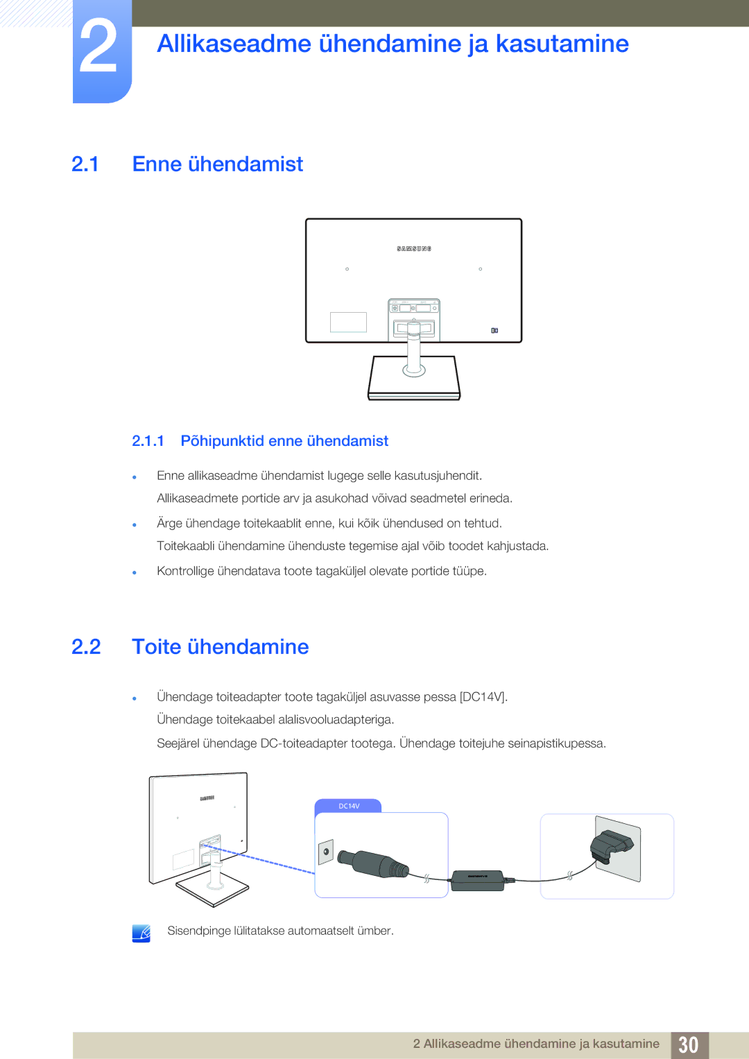 Samsung LS24C750PS/EN, LS22C570HS/EN manual Allikaseadme ühendamine ja kasutamine, Enne ühendamist, Toite ühendamine 