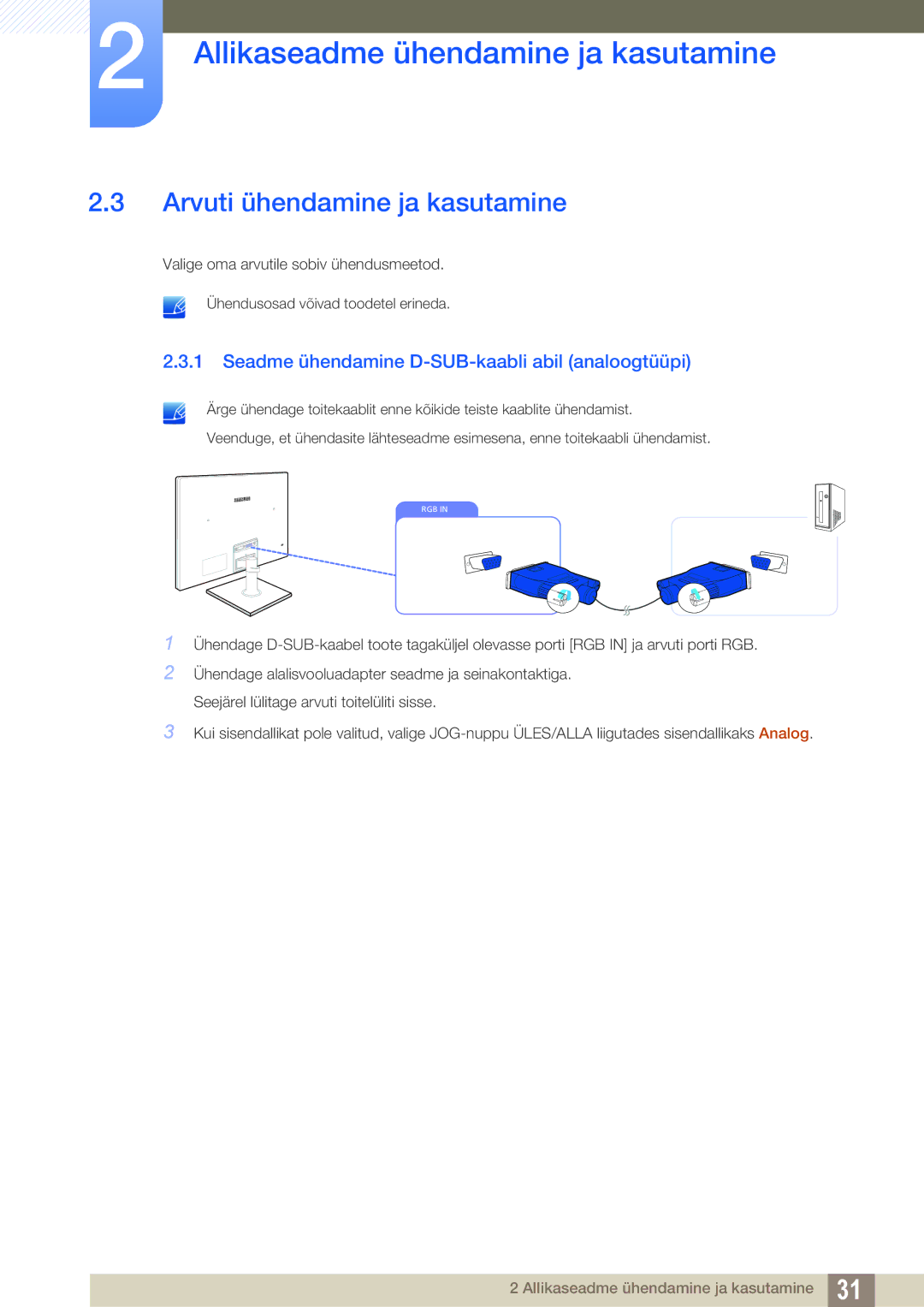 Samsung LS22C570HS/EN, LS24C750PS/EN Arvuti ühendamine ja kasutamine, Seadme ühendamine D-SUB-kaabli abil analoogtüüpi 