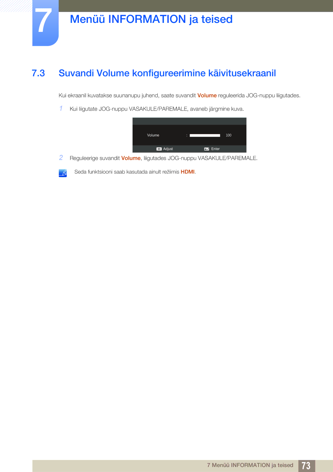 Samsung LS24C570HL/EN, LS24C750PS/EN, LS22C570HS/EN, LS27C750PS/EN manual Suvandi Volume konfigureerimine käivitusekraanil 