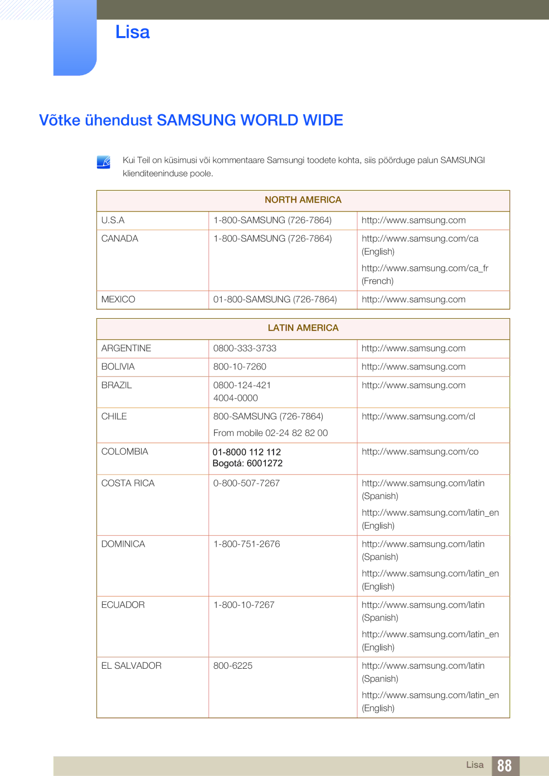 Samsung LS24C570HL/EN, LS24C750PS/EN, LS22C570HS/EN, LS27C750PS/EN, LS23C570HS/EN Lisa, Võtke ühendust Samsung World Wide 