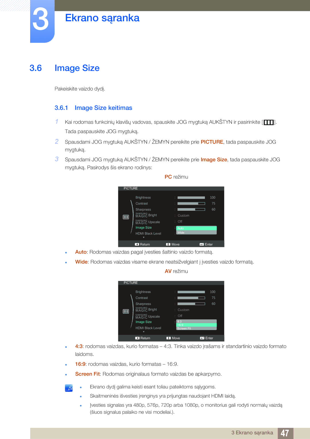 Samsung LS27C750PS/EN, LS24C750PS/EN, LS22C570HS/EN, LS24C570HL/EN, LS23C570HS/EN manual Image Size keitimas 