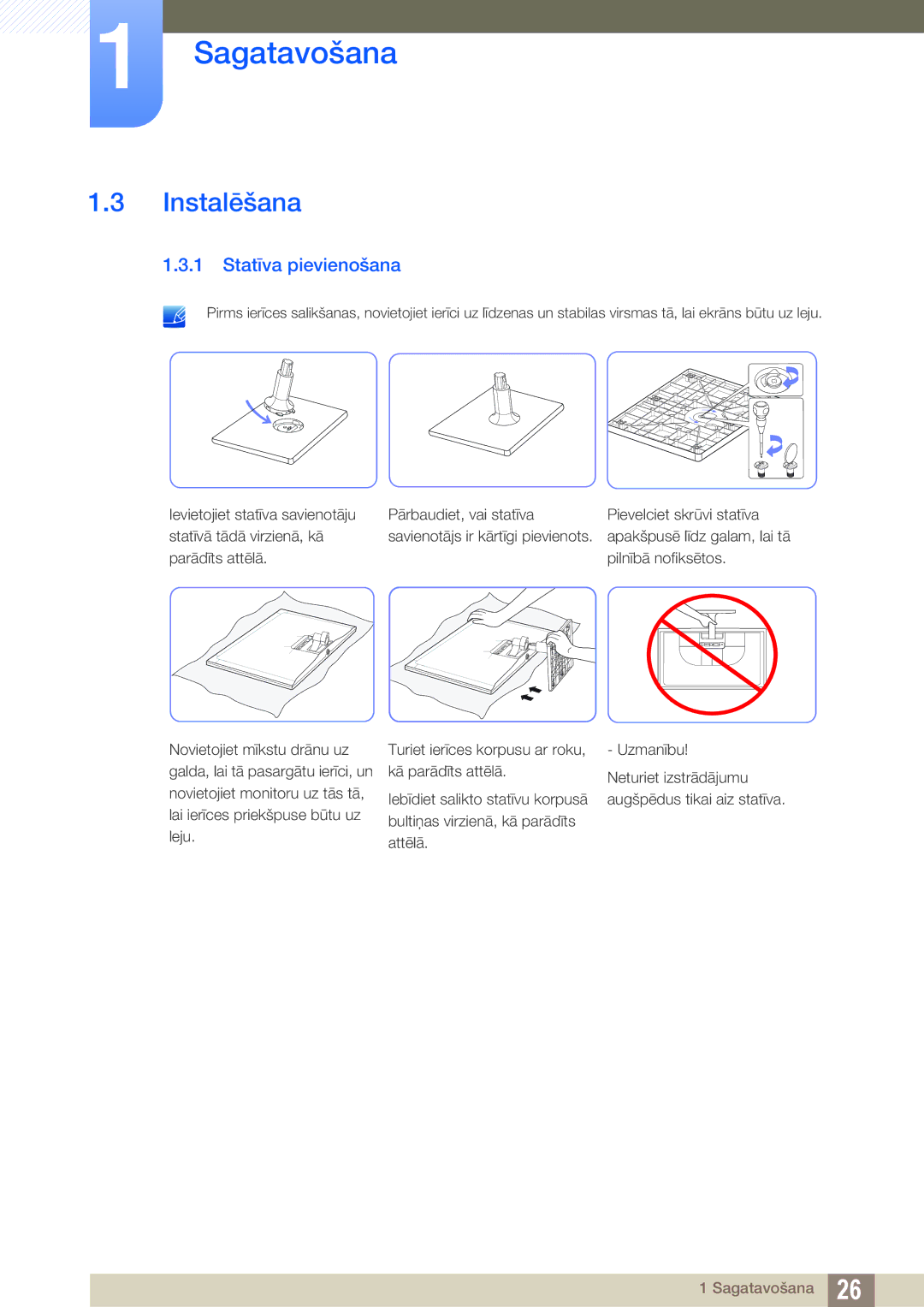 Samsung LS22C570HS/EN, LS24C750PS/EN, LS27C750PS/EN, LS24C570HL/EN, LS23C570HS/EN manual Instalēšana, Statīva pievienošana 