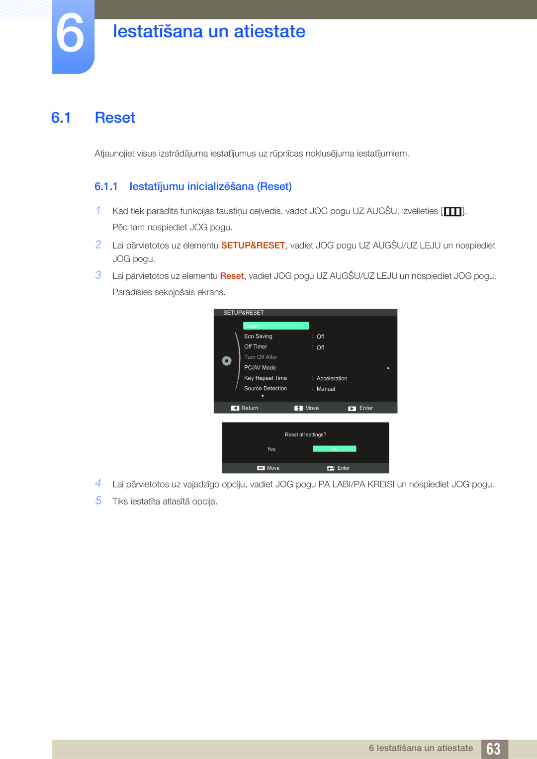 Samsung LS24C570HL/EN, LS24C750PS/EN, LS22C570HS/EN manual Iestatīšana un atiestate, Iestatījumu inicializēšana Reset 