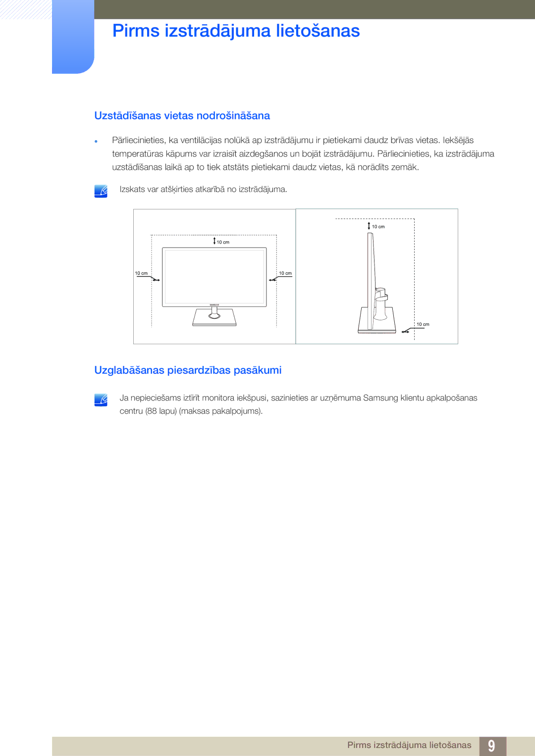 Samsung LS23C570HS/EN, LS24C750PS/EN, LS22C570HS/EN Uzstādīšanas vietas nodrošināšana, Uzglabāšanas piesardzības pasākumi 