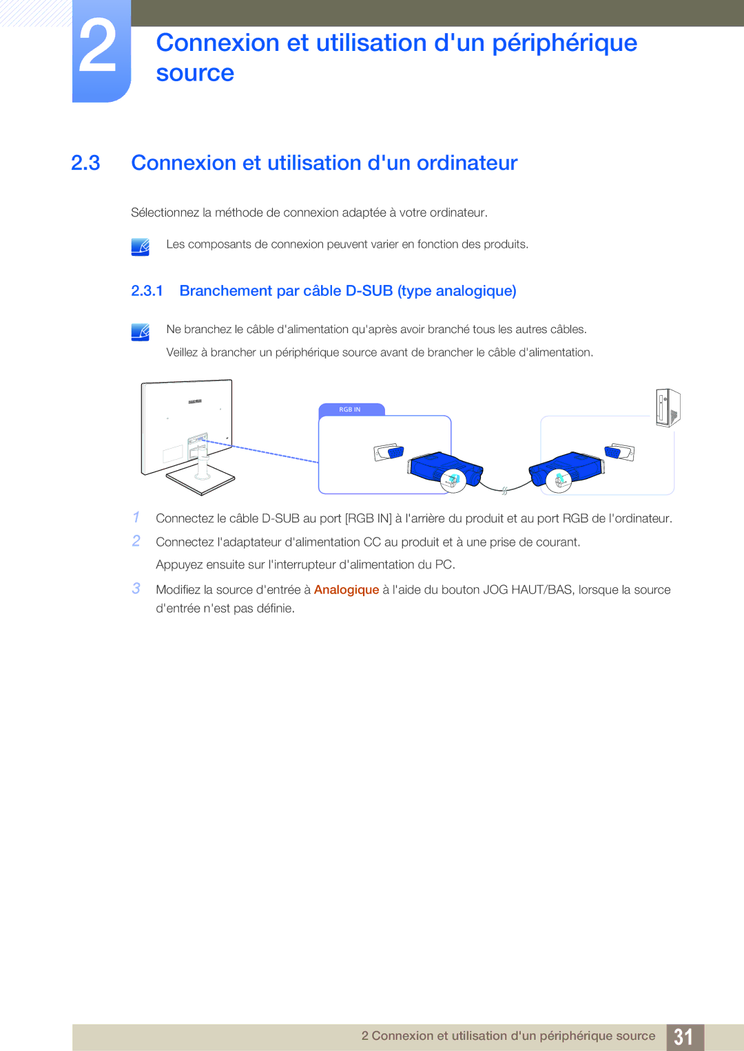 Samsung LS24C570HL/EN, LS24C750PS/EN Connexion et utilisation dun ordinateur, Branchement par câble D-SUB type analogique 