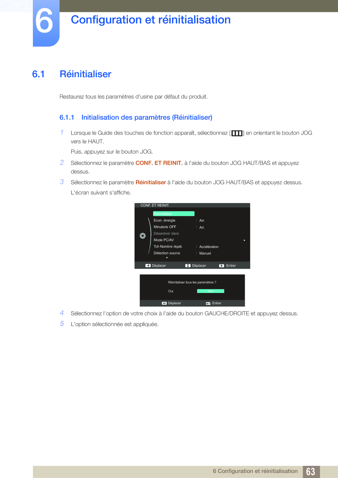 Samsung LS24C570HL/EN, LS24C750PS/EN Configuration et réinitialisation, Initialisation des paramètres Réinitialiser 