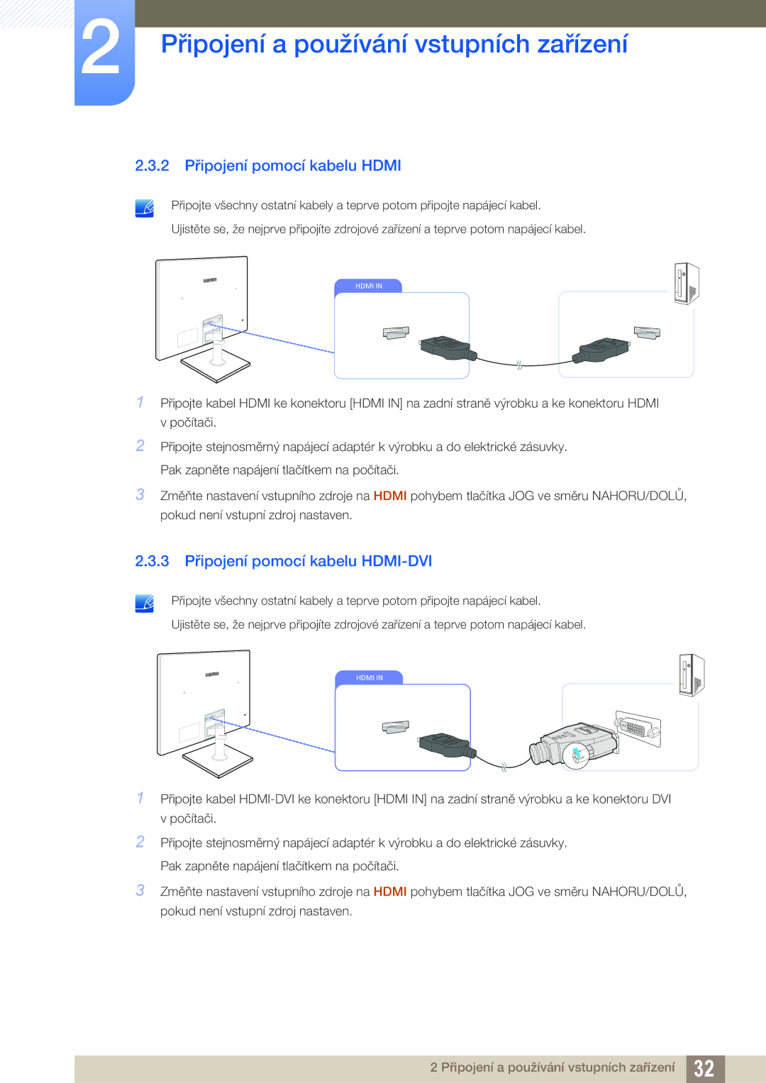 Samsung LS24C750PS/EN, LS22C570HS/EN, LS27C750PS/EN manual 2 Připojení pomocí kabelu Hdmi, 3 Připojení pomocí kabelu HDMI-DVI 