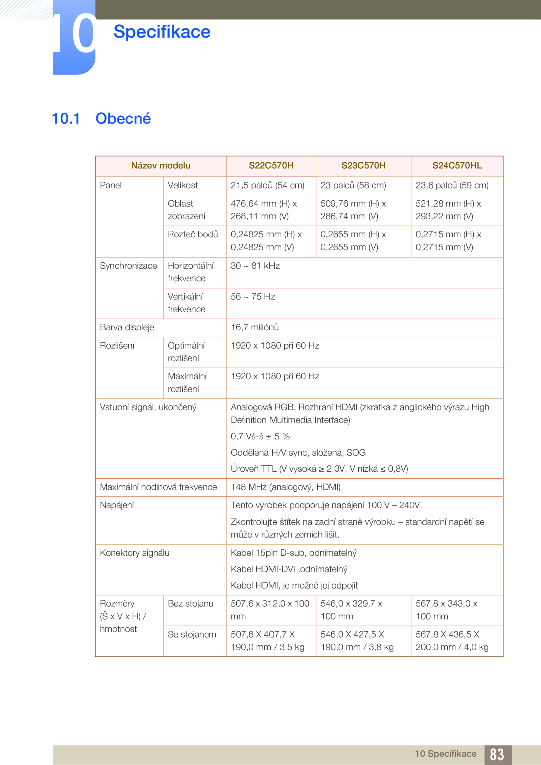 Samsung LS24C570HL/EN, LS24C750PS/EN, LS22C570HS/EN, LS27C750PS/EN manual Specifikace, Obecné 