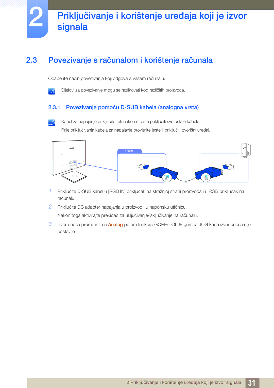 Samsung LS24C570HL/EN manual Povezivanje s računalom i korištenje računala, Povezivanje pomoću D-SUB kabela analogna vrsta 