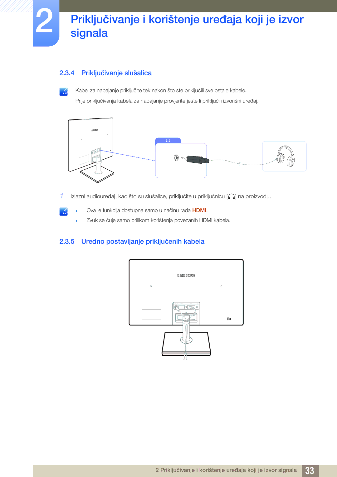 Samsung LS22C570HS/EN, LS24C750PS/EN, LS27C750PS/EN manual Priključivanje slušalica, Uredno postavljanje priključenih kabela 