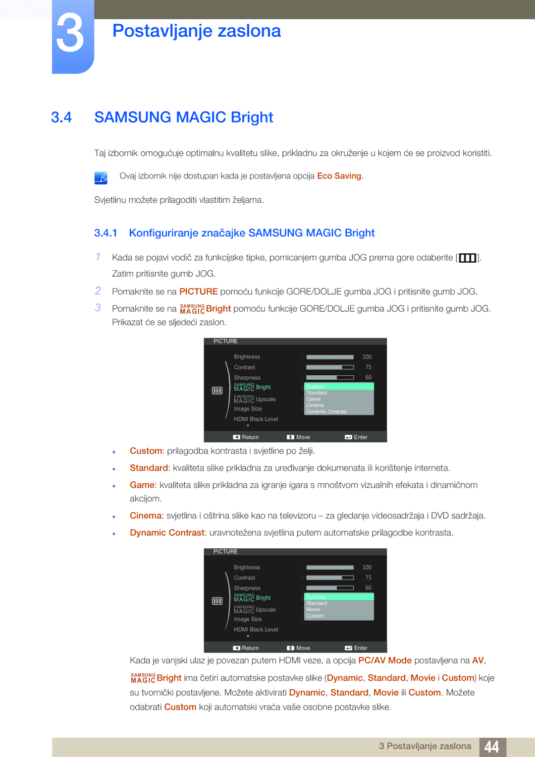 Samsung LS24C750PS/EN, LS22C570HS/EN, LS27C750PS/EN, LS24C570HL/EN manual Konfiguriranje značajke Samsung Magic Bright 