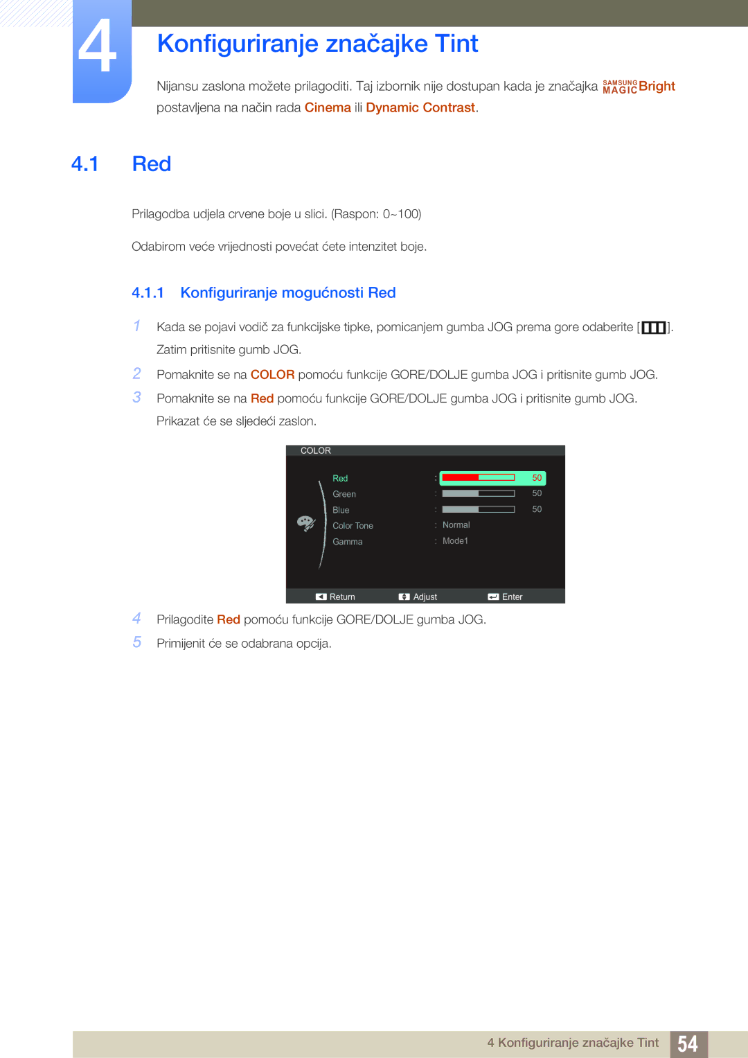 Samsung LS27C750PS/EN, LS24C750PS/EN, LS22C570HS/EN manual Konfiguriranje značajke Tint, Konfiguriranje mogućnosti Red 