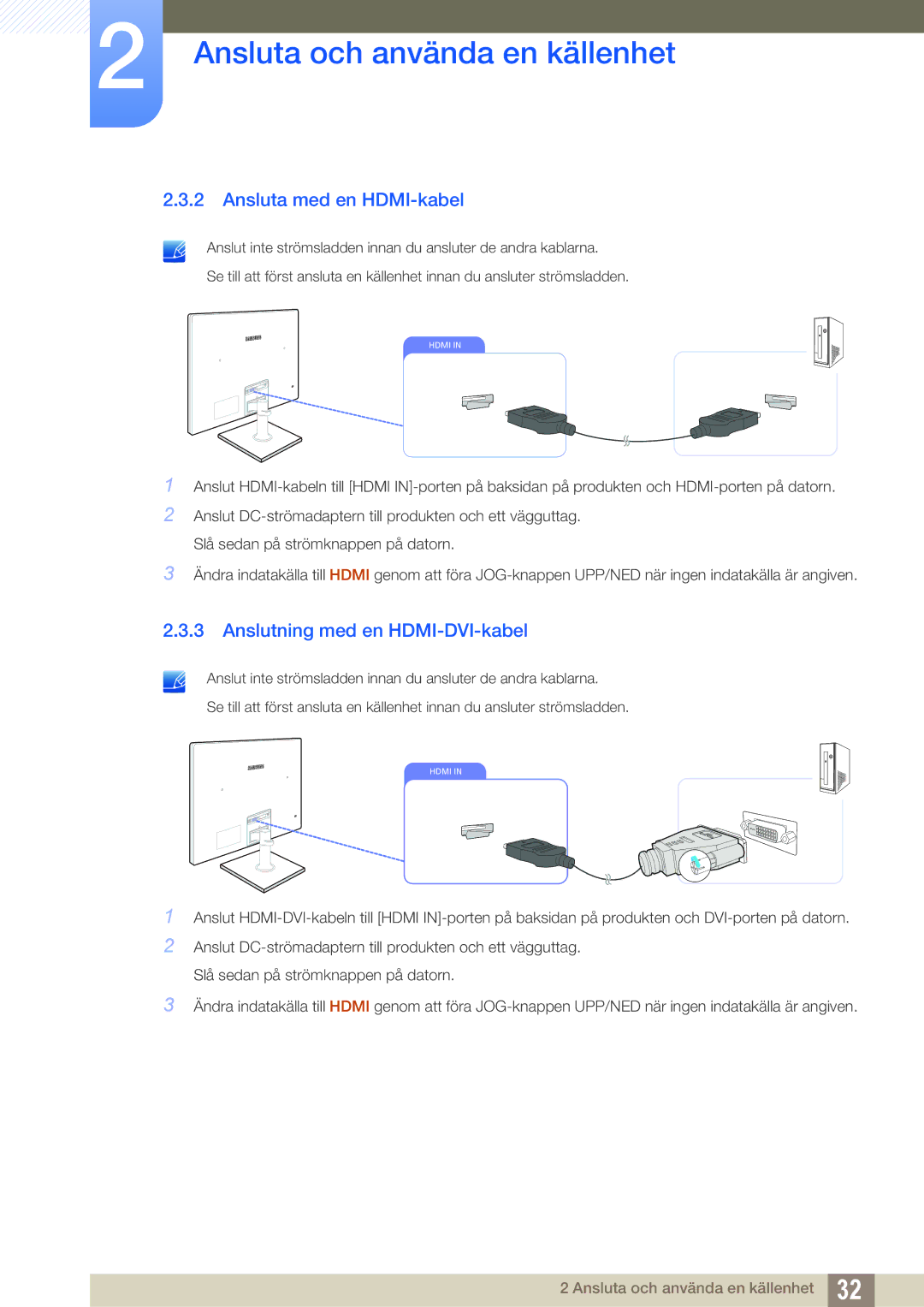 Samsung LS24C570HL/EN, LS24C750PS/EN, LS27C750PS/EN manual Ansluta med en HDMI-kabel, Anslutning med en HDMI-DVI-kabel 