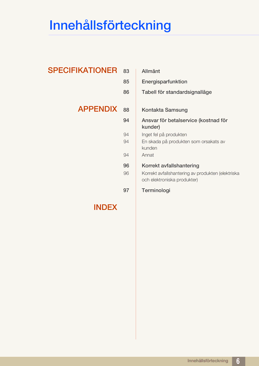 Samsung LS24C750PS/EN, LS27C750PS/EN, LS24C570HL/EN manual Specifikationer Appendix Index 