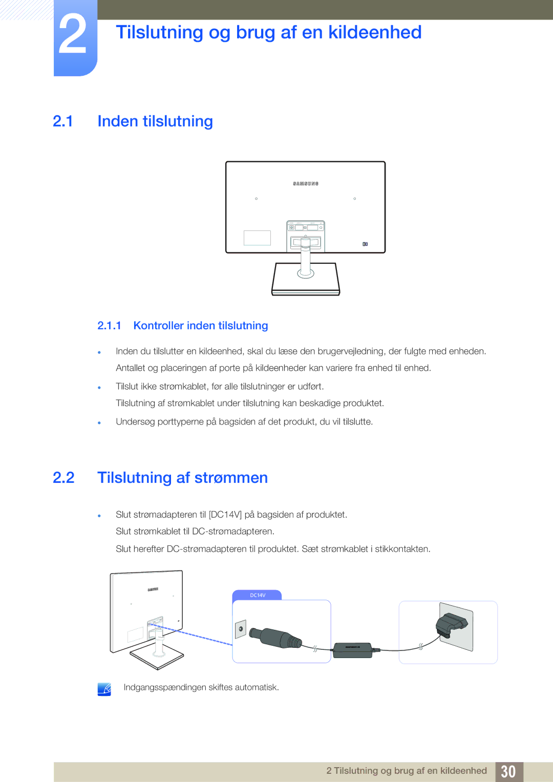 Samsung LS24C750PS/EN, LS27C750PS/EN manual Tilslutning og brug af en kildeenhed, Inden tilslutning, Tilslutning af strømmen 