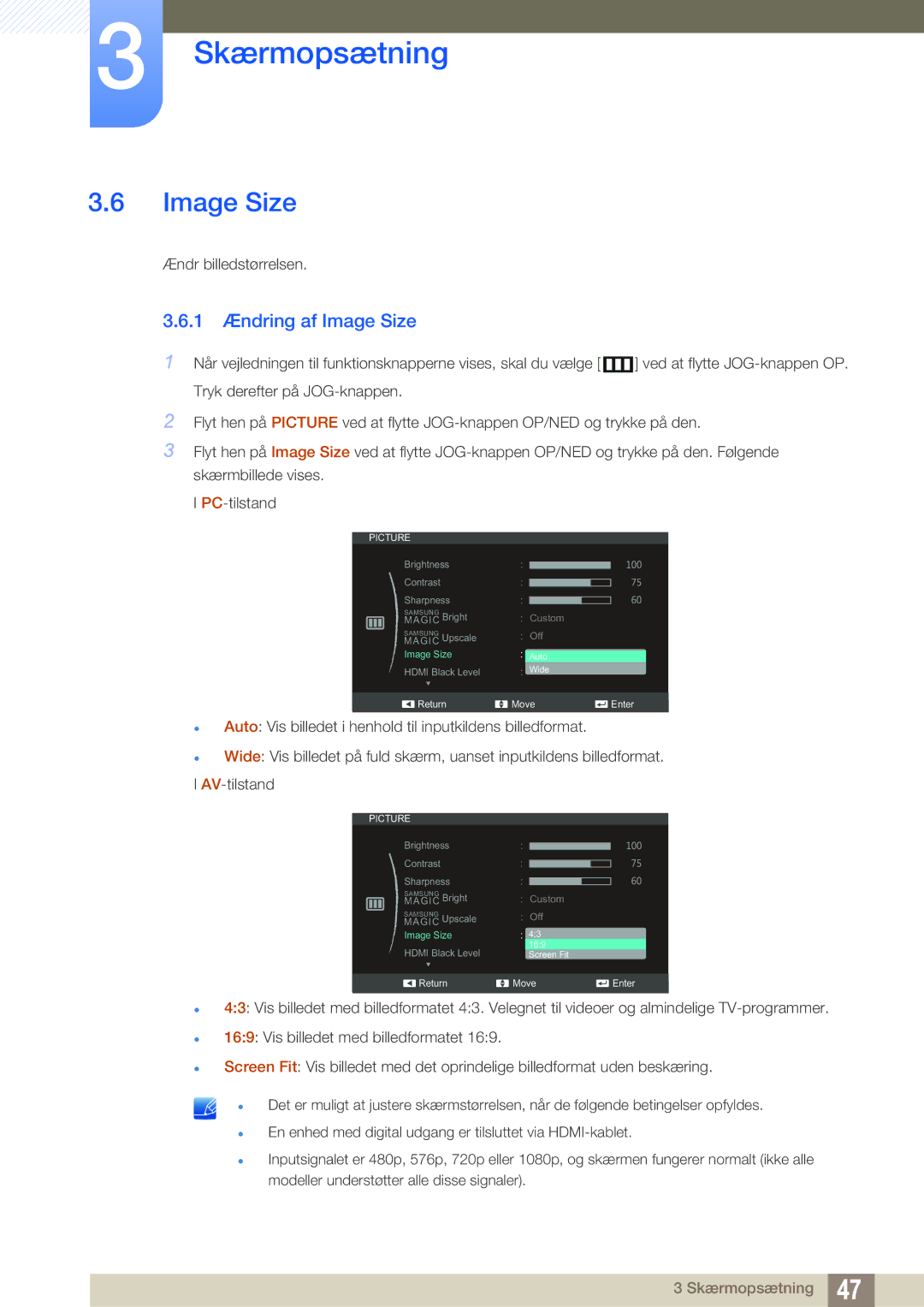 Samsung LS24C570HL/EN, LS24C750PS/EN, LS27C750PS/EN manual 1 Ændring af Image Size 