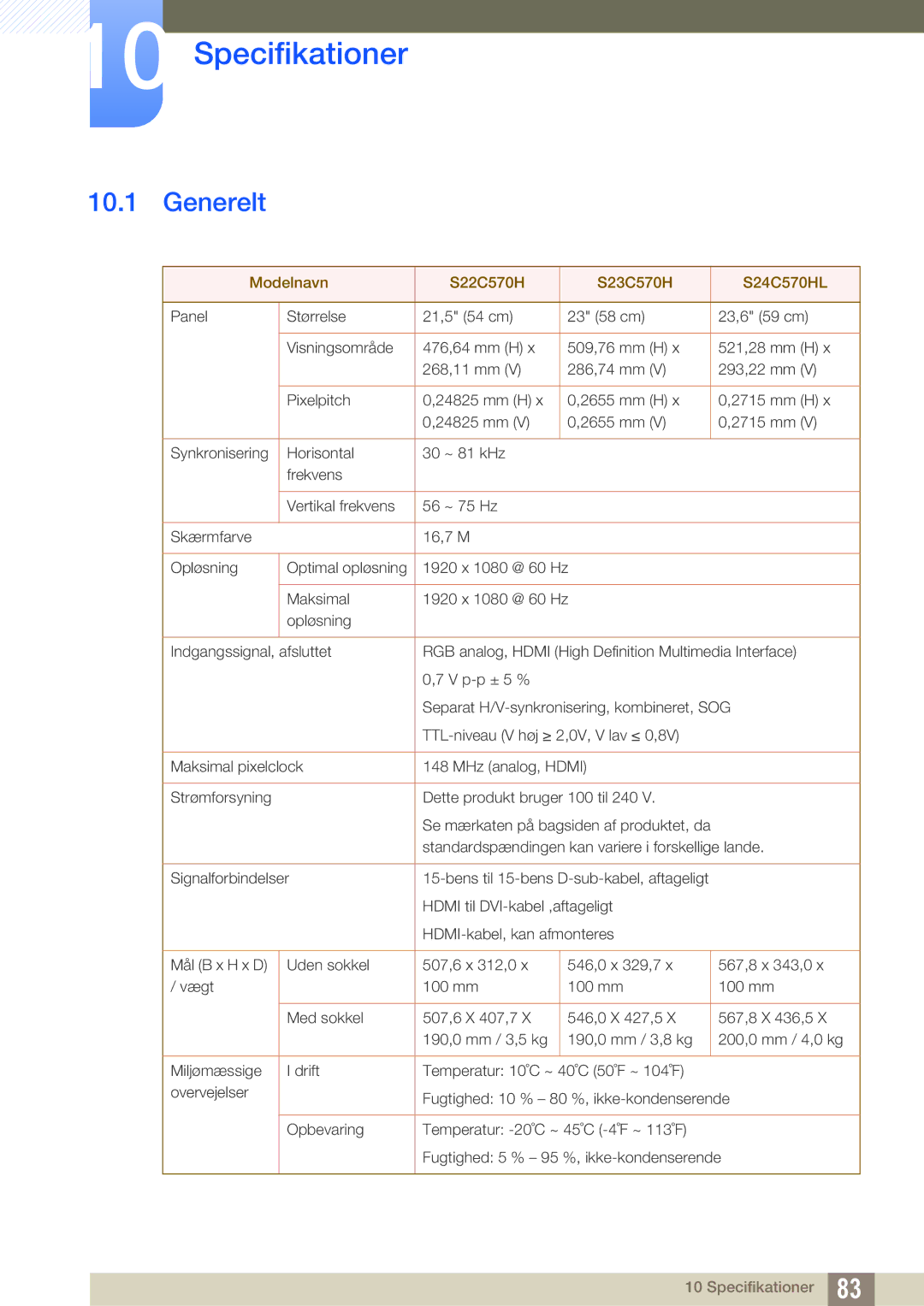 Samsung LS24C570HL/EN, LS24C750PS/EN, LS27C750PS/EN manual Specifikationer, Generelt 