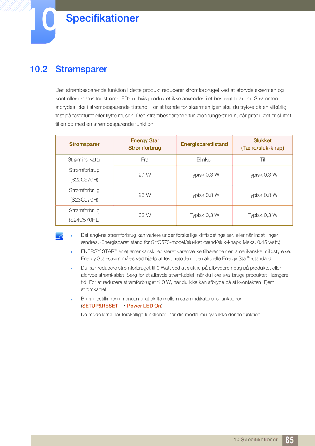 Samsung LS27C750PS/EN, LS24C750PS/EN, LS24C570HL/EN manual 10.2 Strømsparer 