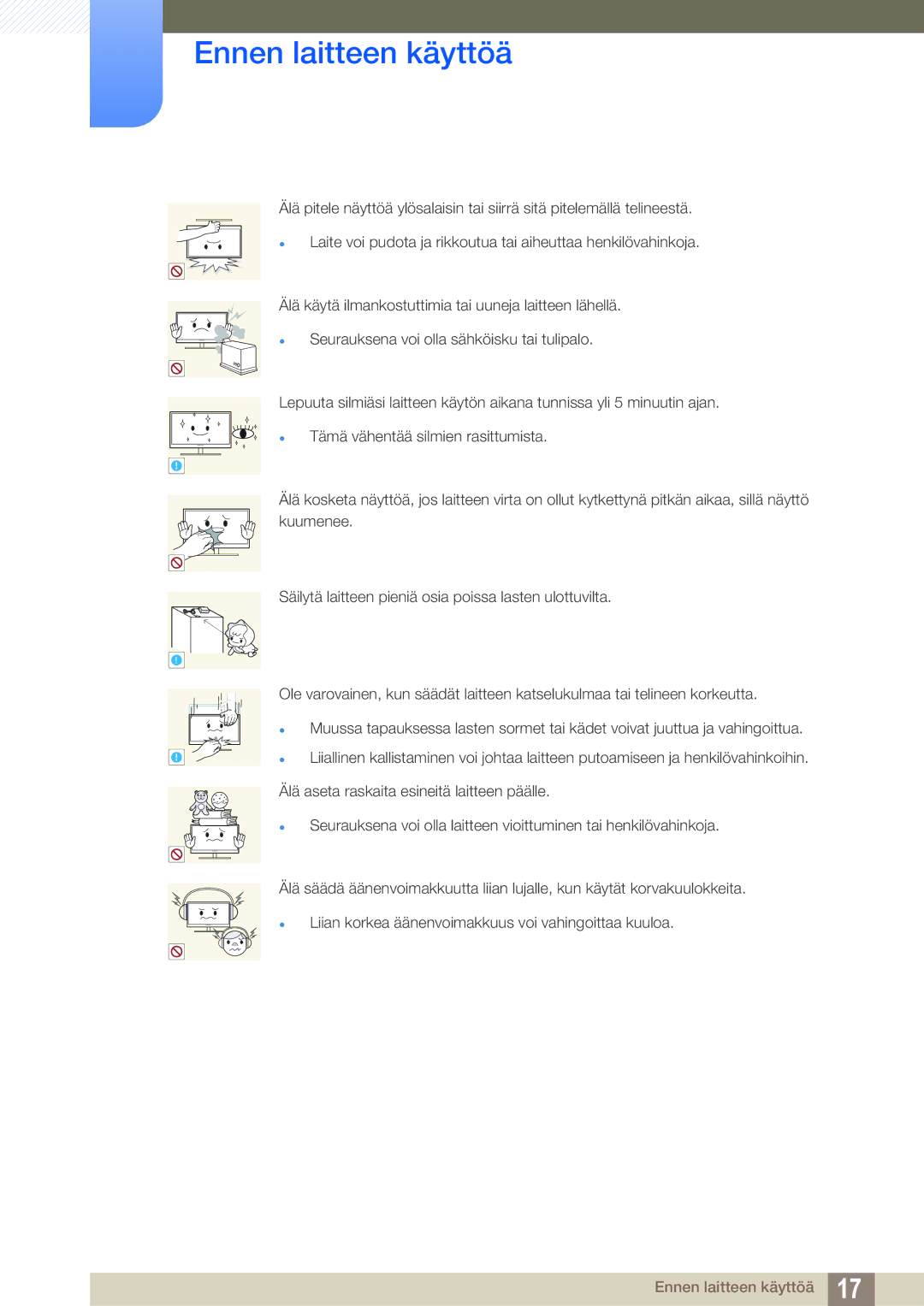 Samsung LS24C570HL/EN, LS24C750PS/EN, LS27C750PS/EN manual Älä aseta raskaita esineitä laitteen päälle 