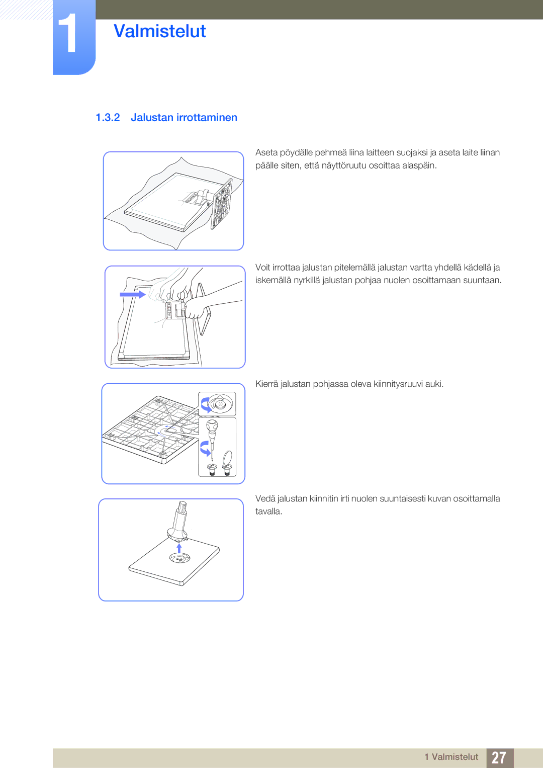 Samsung LS24C750PS/EN, LS27C750PS/EN, LS24C570HL/EN manual Jalustan irrottaminen 