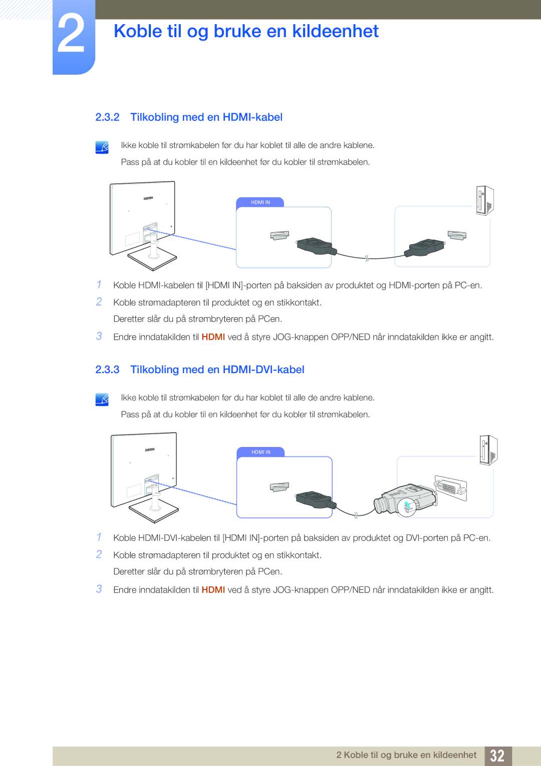 Samsung LS24C570HL/EN, LS24C750PS/EN, LS27C750PS/EN manual Tilkobling med en HDMI-kabel, Tilkobling med en HDMI-DVI-kabel 