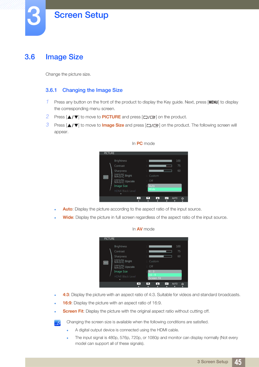 Samsung LS27C750PS/EN, LS24C750PS/EN, LS27C750PS/UE, LS27C750PS/ZR, LS24C750PS/ZR, LS27C750PSA/CI Changing the Image Size 