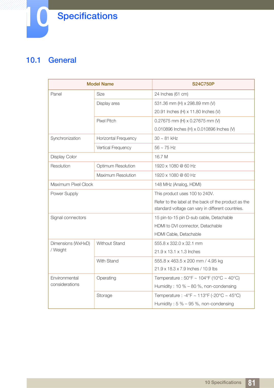 Samsung LS24C750PS/ZR, LS24C750PS/EN, LS27C750PS/EN, LS27C750PS/UE, LS27C750PS/ZR, LS27C750PSA/CI manual Specifications, General 