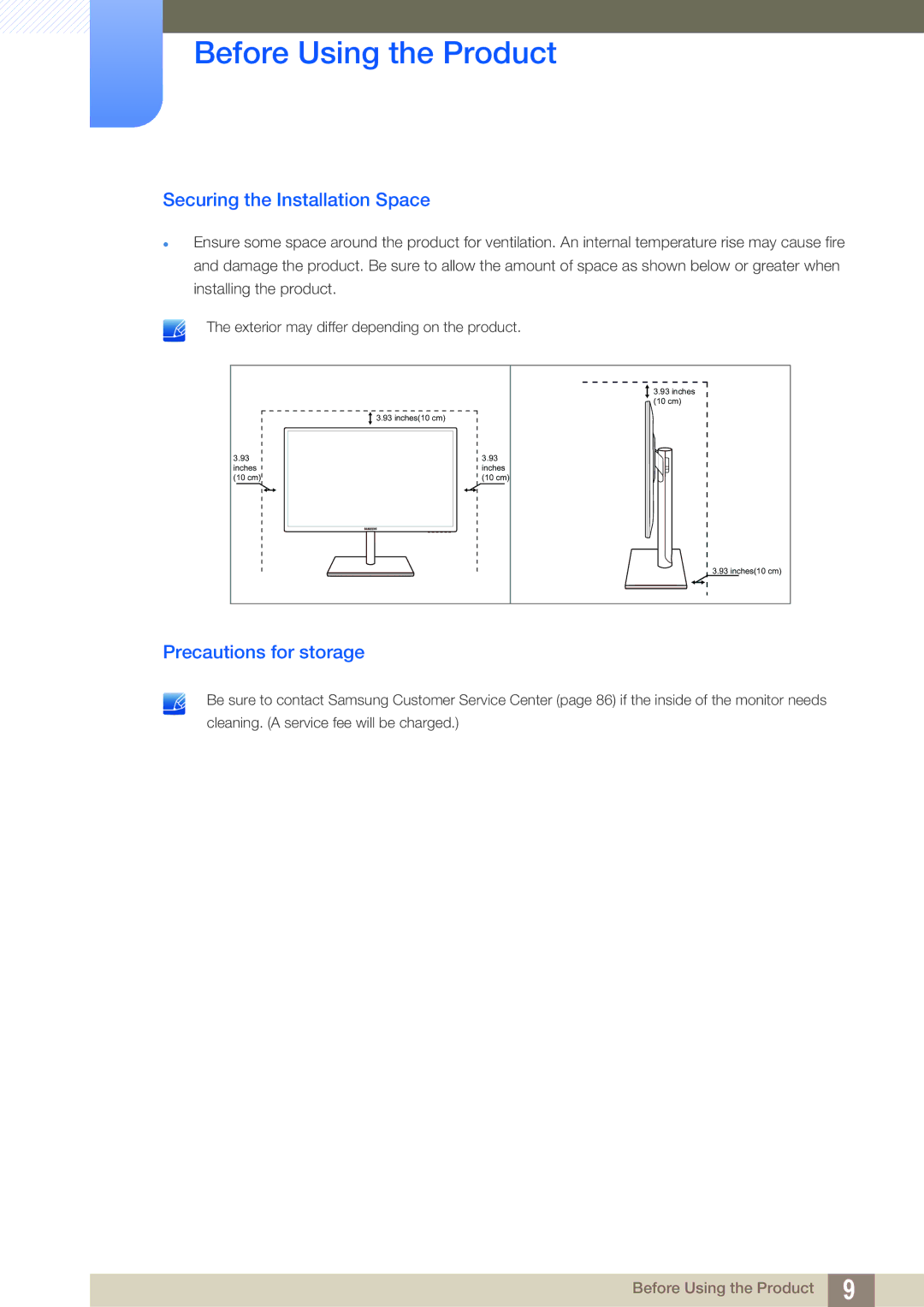 Samsung LS27C750PSX/KZ, LS24C750PS/EN, LS27C750PS/EN, LS27C750PS/UE Securing the Installation Space, Precautions for storage 