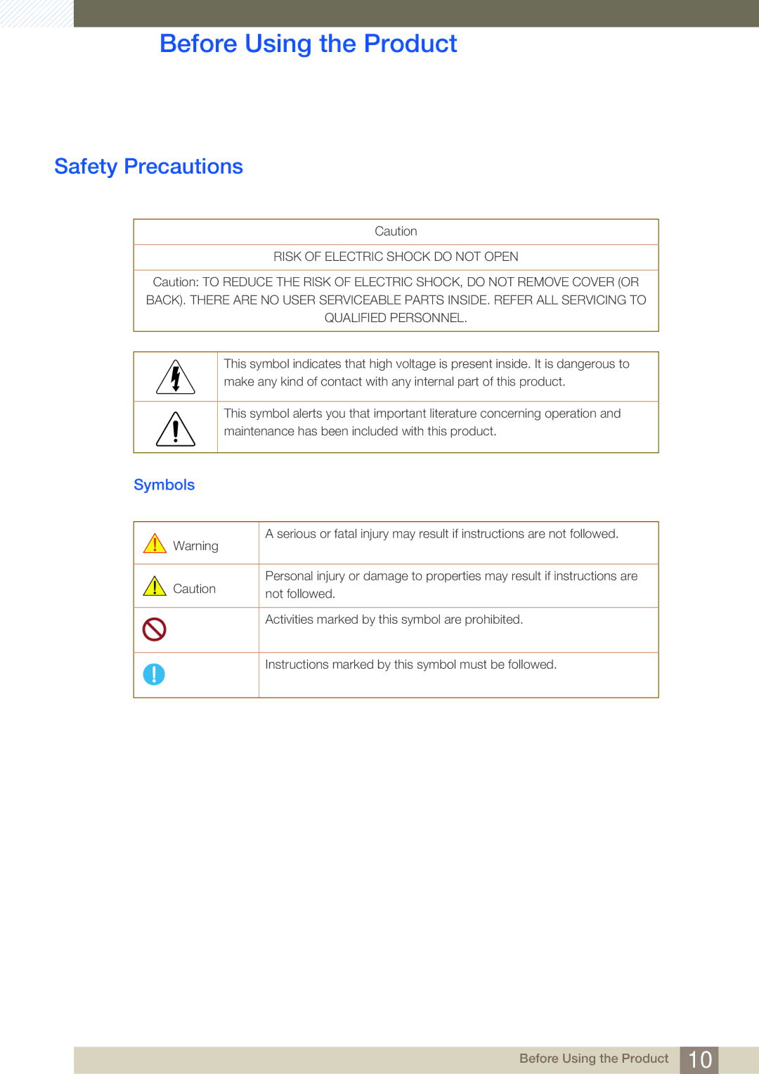 Samsung LS24C750PS/CH, LS24C750PS/EN, LS27C750PS/EN, LS27C750PS/UE, LS27C750PS/ZR, LS24C750PS/ZR Safety Precautions, Symbols 