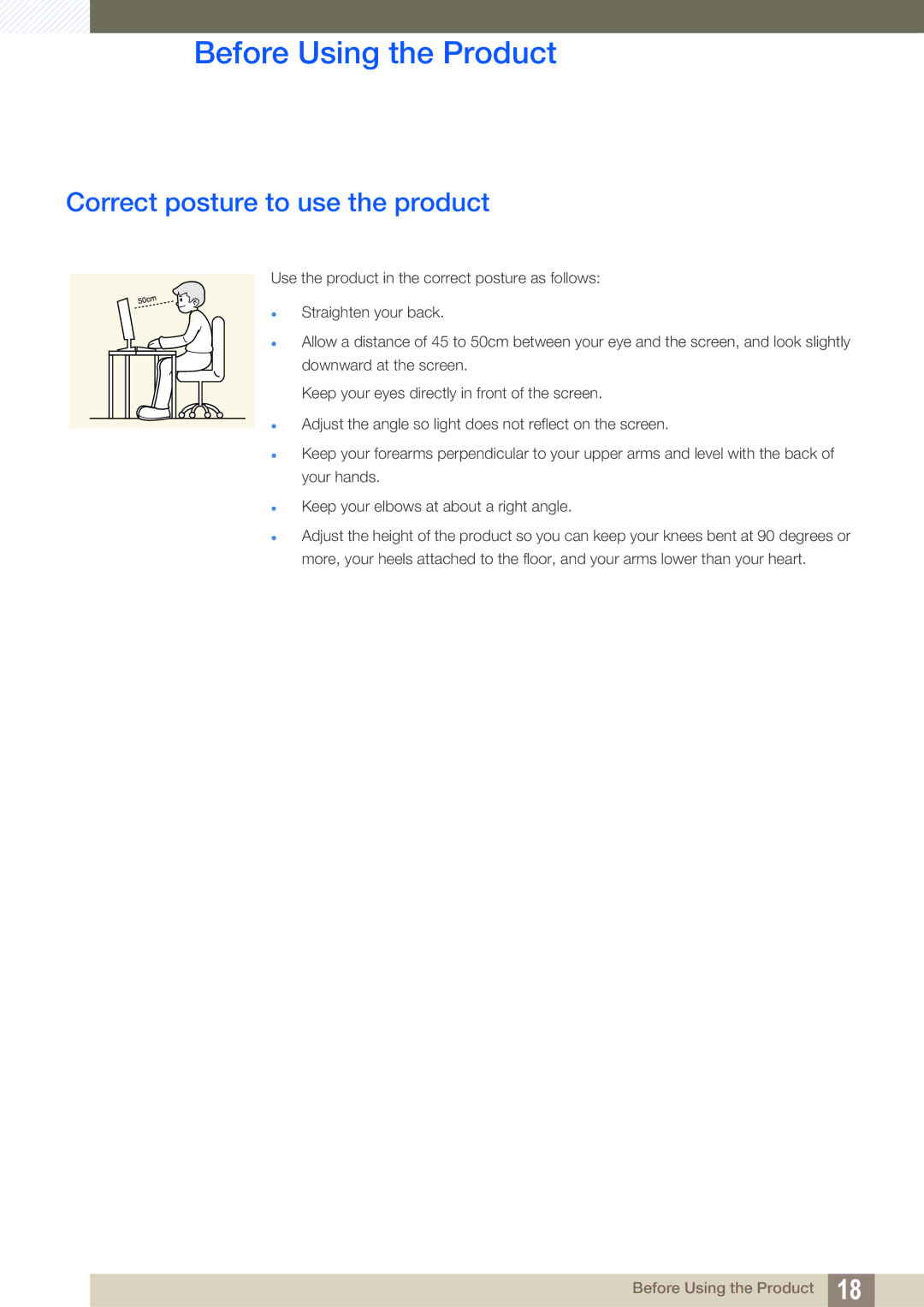 Samsung LS24C750PSX/KZ, LS24C750PS/EN, LS27C750PS/EN, LS27C750PS/UE, LS27C750PS/ZR manual Correct posture to use the product 