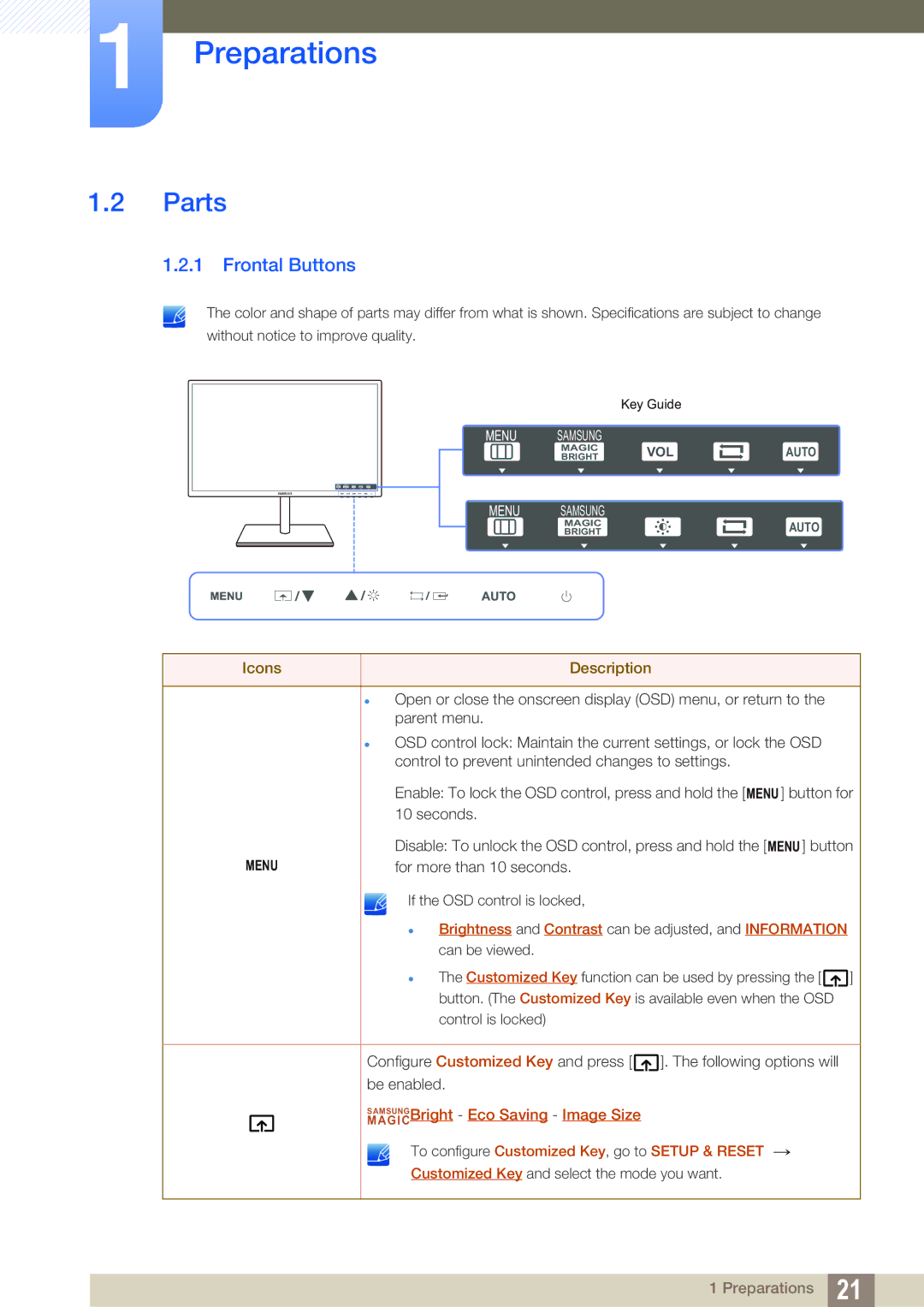 Samsung LS24C750PS/CH, LS24C750PS/EN, LS27C750PS/EN, LS27C750PS/UE, LS27C750PS/ZR, LS24C750PS/ZR manual Parts, Frontal Buttons 