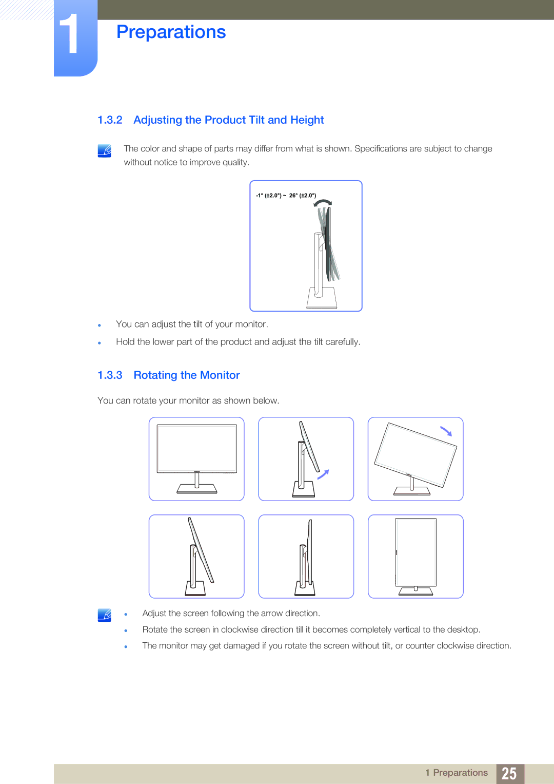 Samsung LS27C750PS/ZR, LS24C750PS/EN, LS27C750PS/EN manual Adjusting the Product Tilt and Height, Rotating the Monitor 