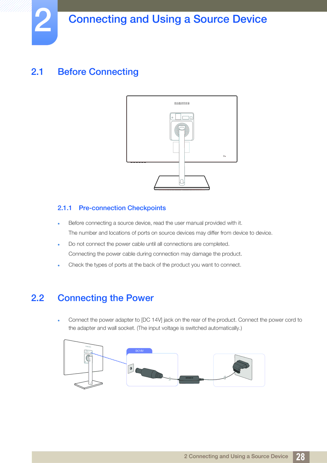 Samsung LS24C750PSX/CI, LS24C750PS/EN manual Connecting and Using a Source Device, Before Connecting, Connecting the Power 