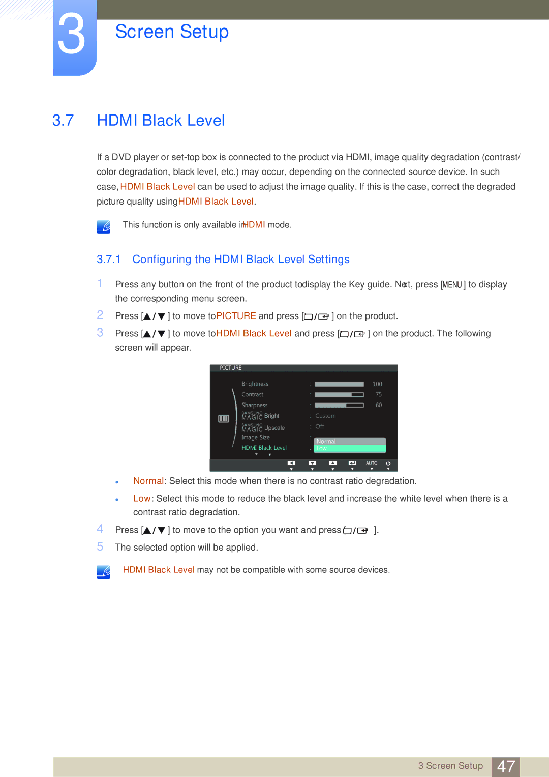 Samsung LS27C750PS/ZR, LS24C750PS/EN, LS27C750PS/EN, LS27C750PS/UE manual Configuring the Hdmi Black Level Settings 