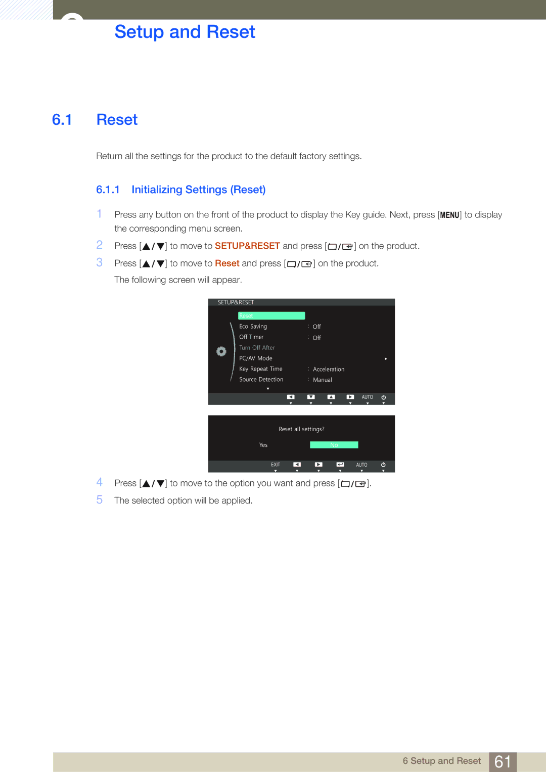 Samsung LS24C750PSX/CI, LS24C750PS/EN, LS27C750PS/EN, LS27C750PS/UE manual Setup and Reset, Initializing Settings Reset 