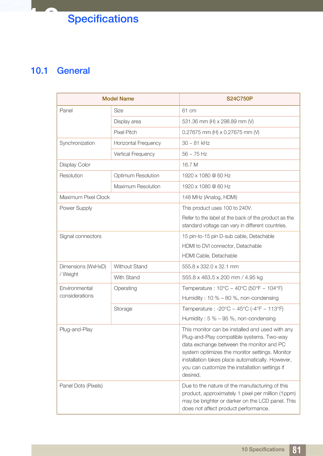 Samsung LS24C750PS/ZR, LS24C750PS/EN, LS27C750PS/EN, LS27C750PS/UE, LS27C750PS/ZR, LS27C750PSA/CI manual Specifications, General 