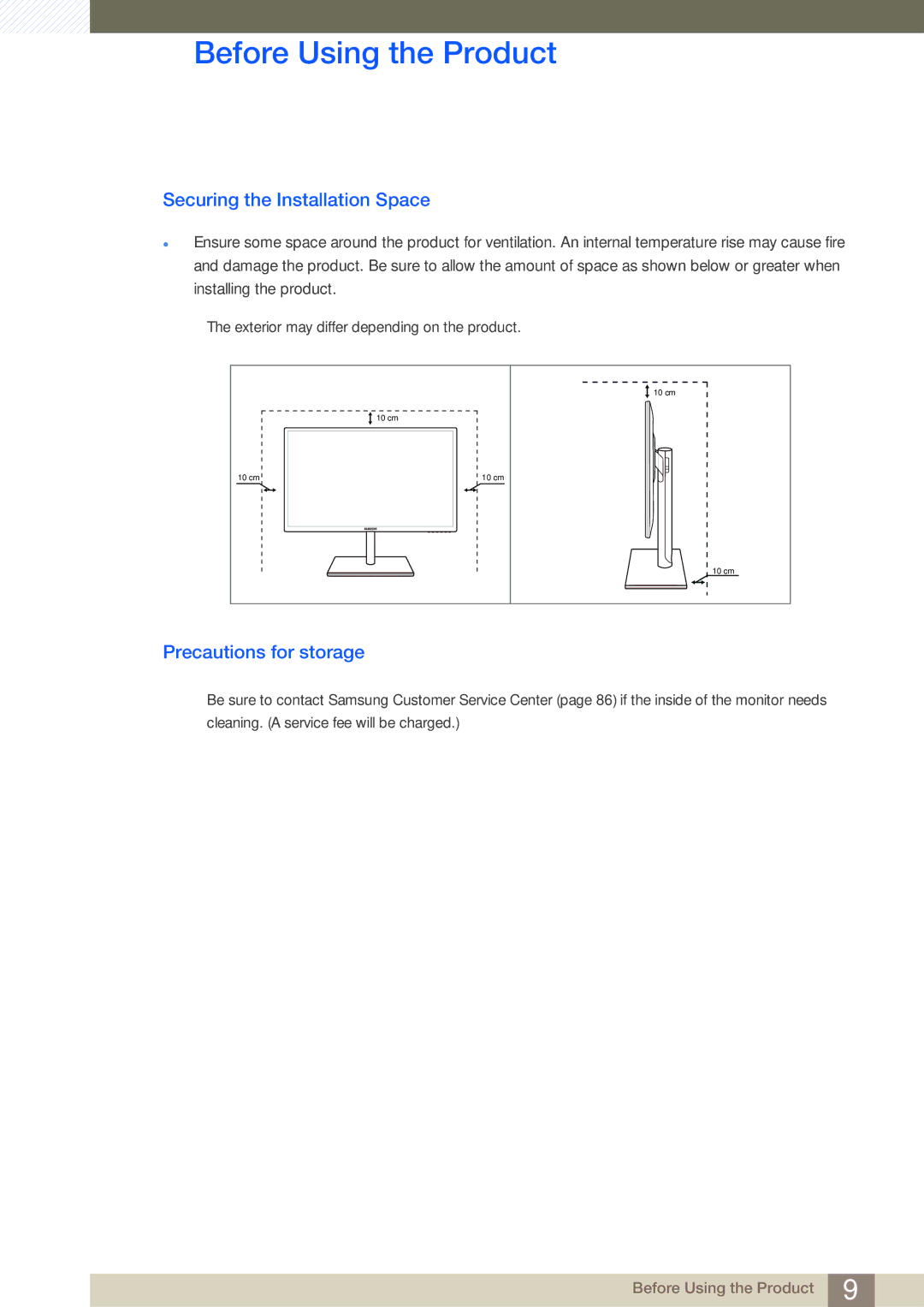 Samsung LS27C750PSX/KZ, LS24C750PS/EN, LS27C750PS/EN, LS27C750PS/UE Securing the Installation Space, Precautions for storage 