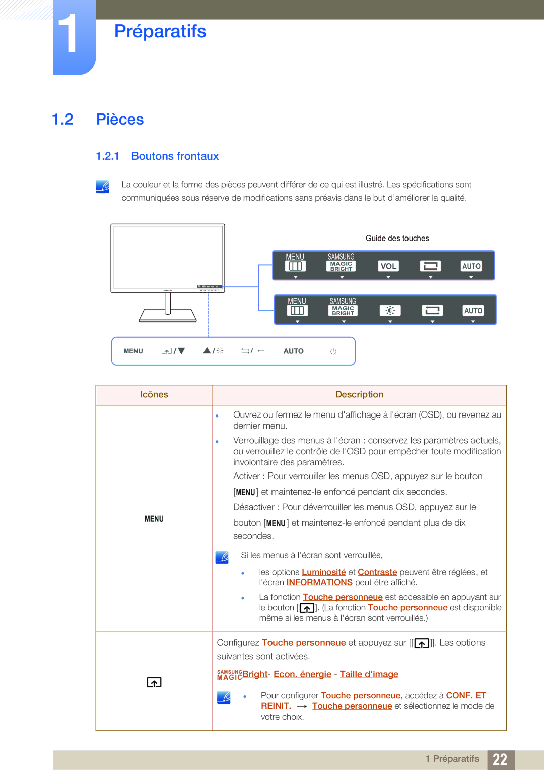 Samsung LS24C750PS/EN, LS27C750PS/EN manual Pièces, Boutons frontaux 