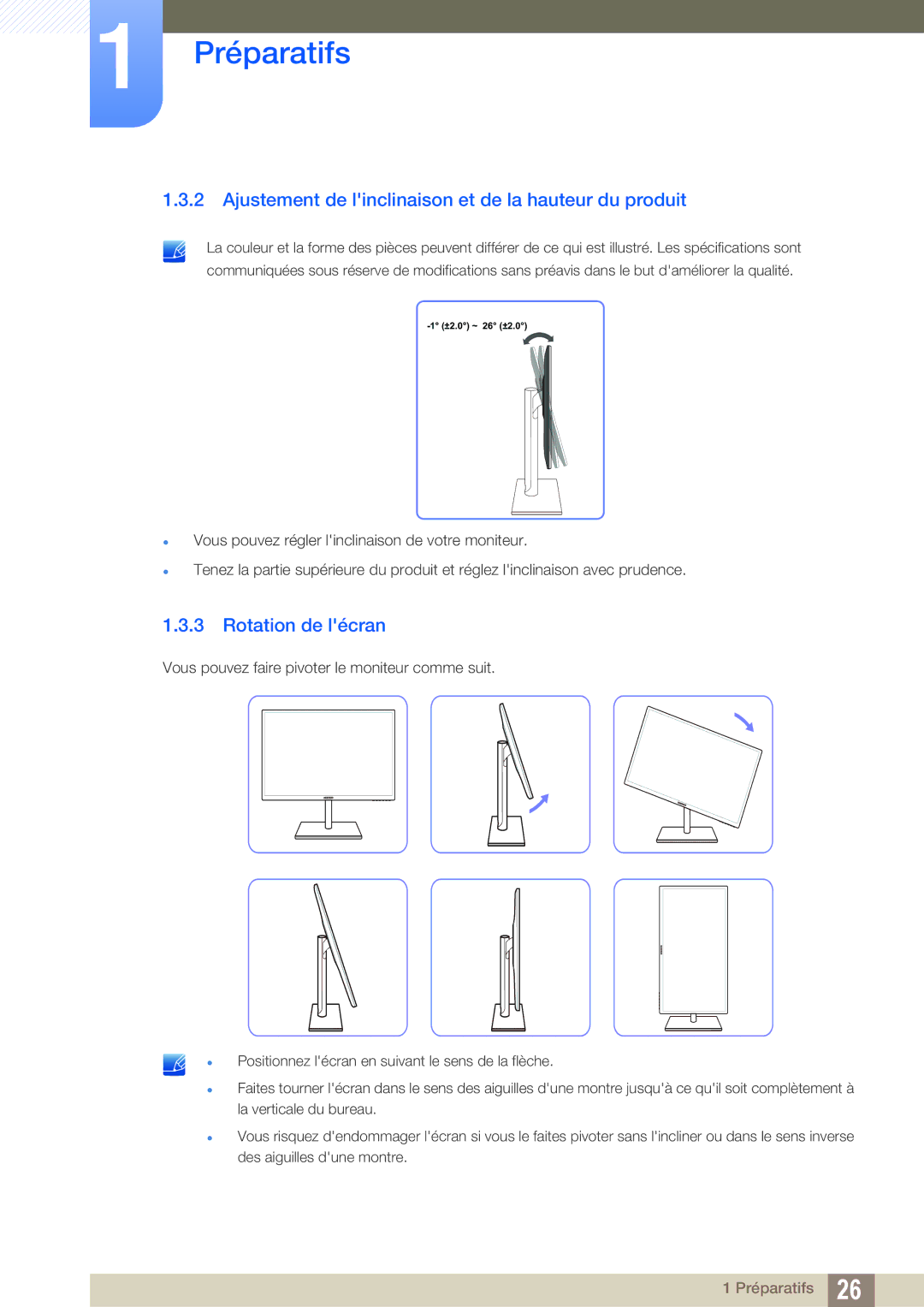 Samsung LS24C750PS/EN, LS27C750PS/EN manual Ajustement de linclinaison et de la hauteur du produit, Rotation de lécran 