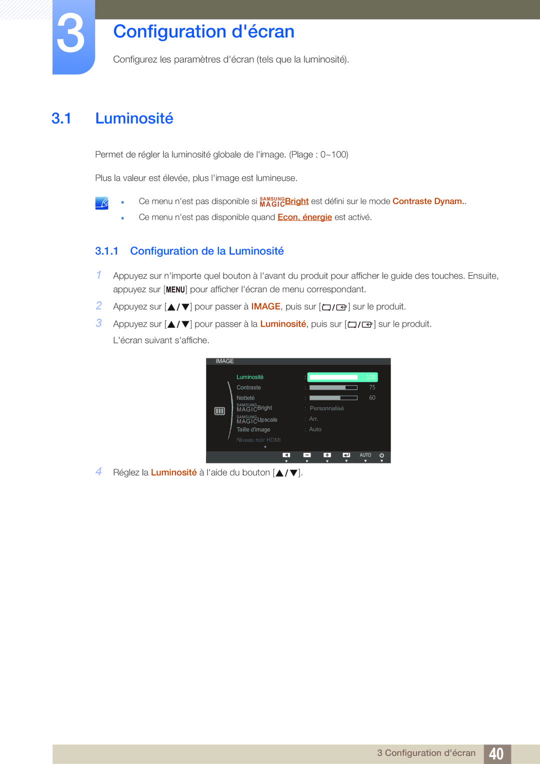 Samsung LS24C750PS/EN, LS27C750PS/EN manual Configuration décran, Configuration de la Luminosité 