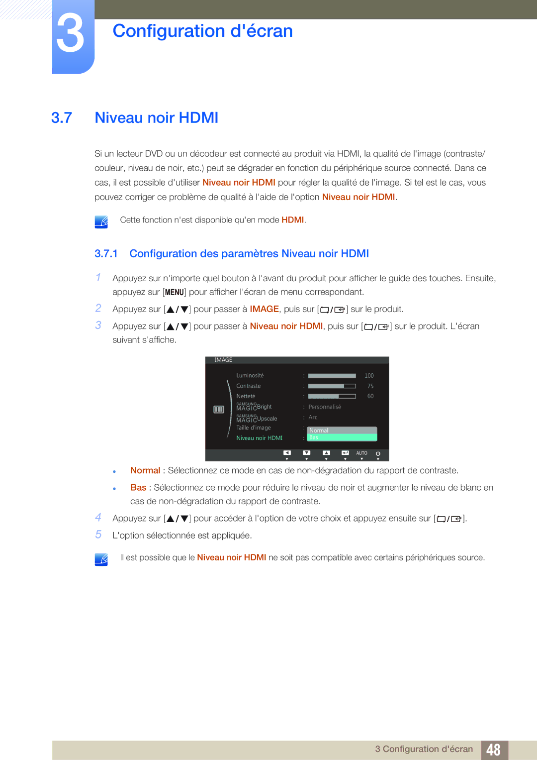 Samsung LS24C750PS/EN, LS27C750PS/EN manual Configuration des paramètres Niveau noir Hdmi 