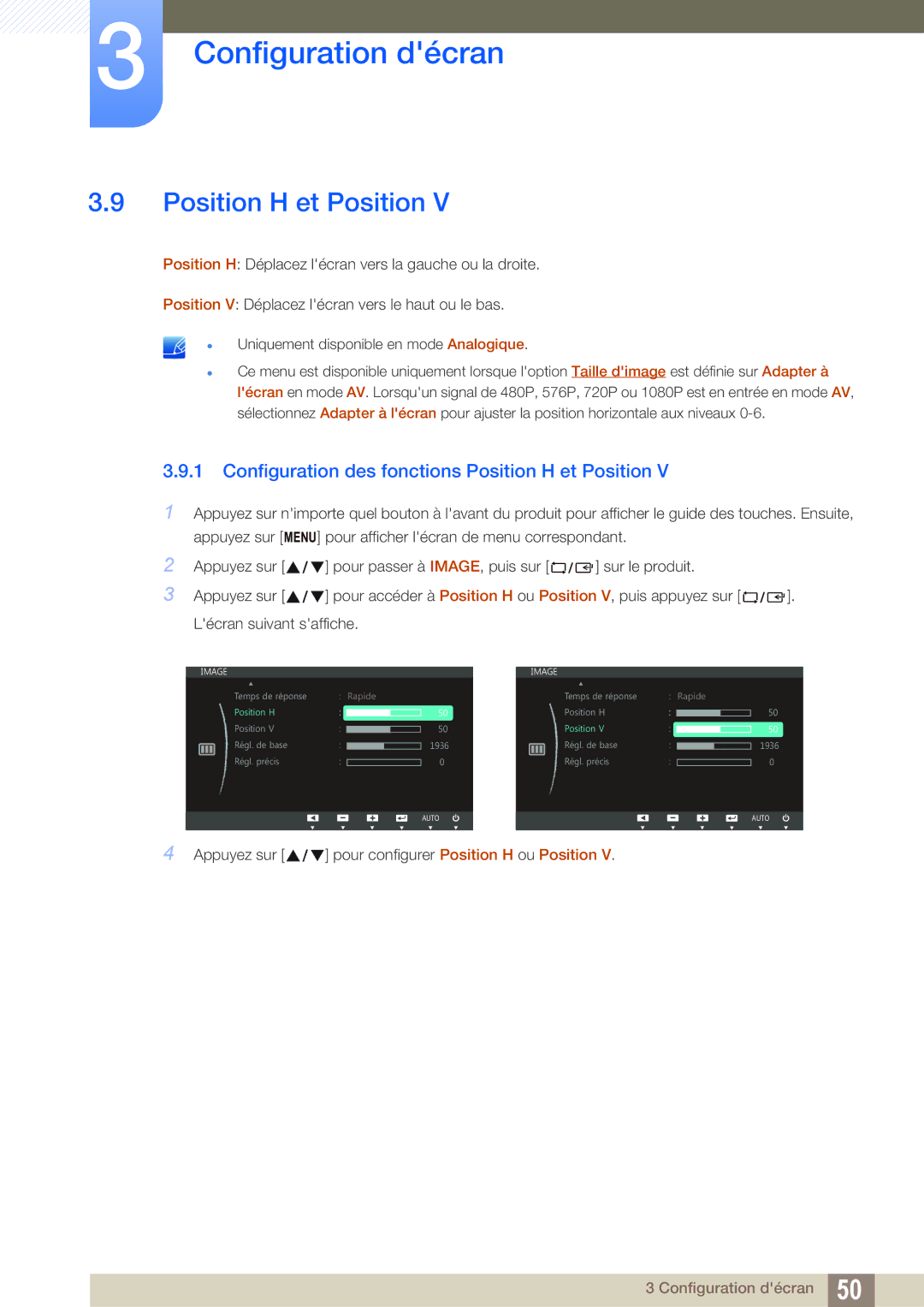 Samsung LS24C750PS/EN, LS27C750PS/EN manual Configuration des fonctions Position H et Position 