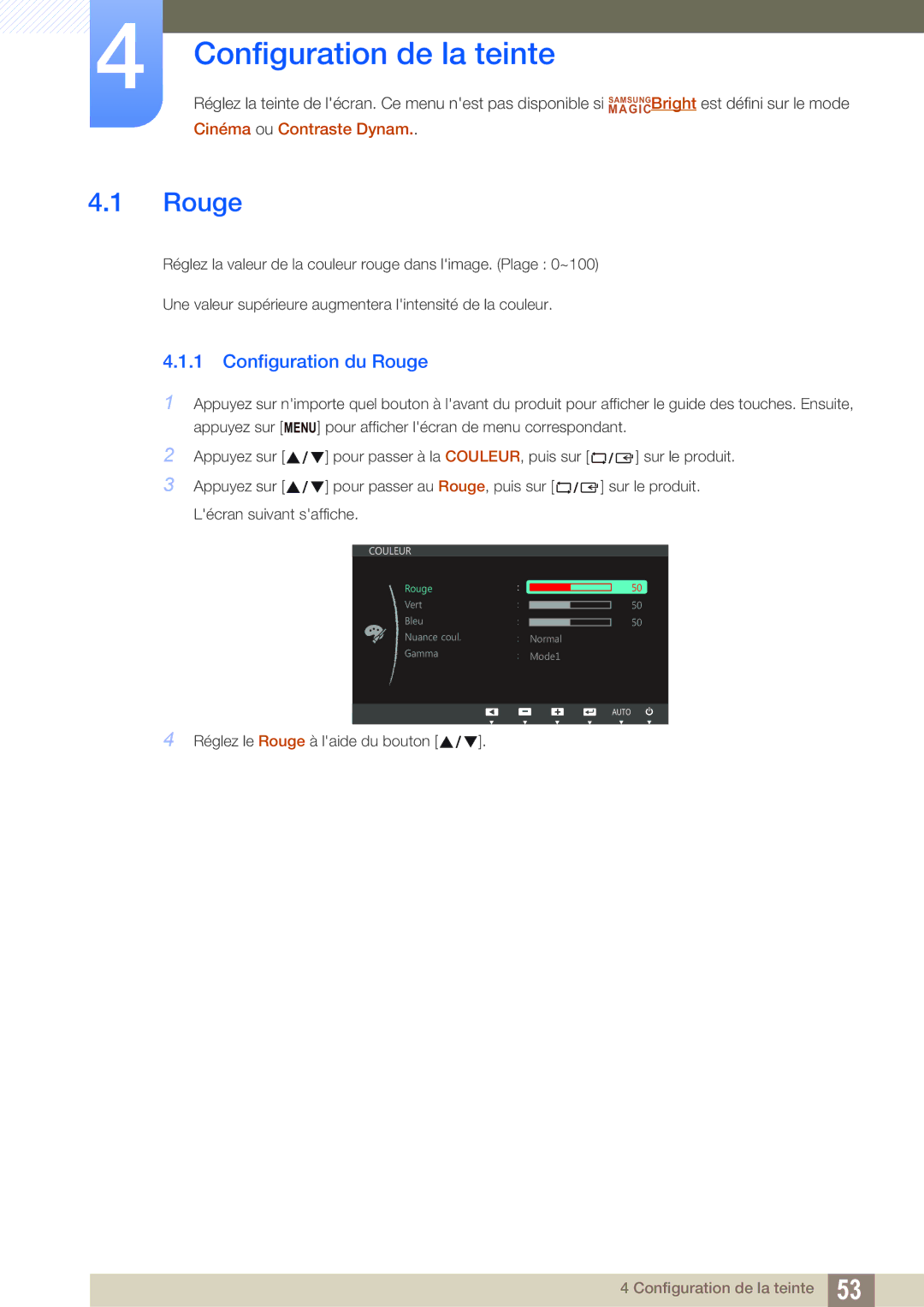 Samsung LS27C750PS/EN, LS24C750PS/EN manual Configuration de la teinte, Configuration du Rouge 