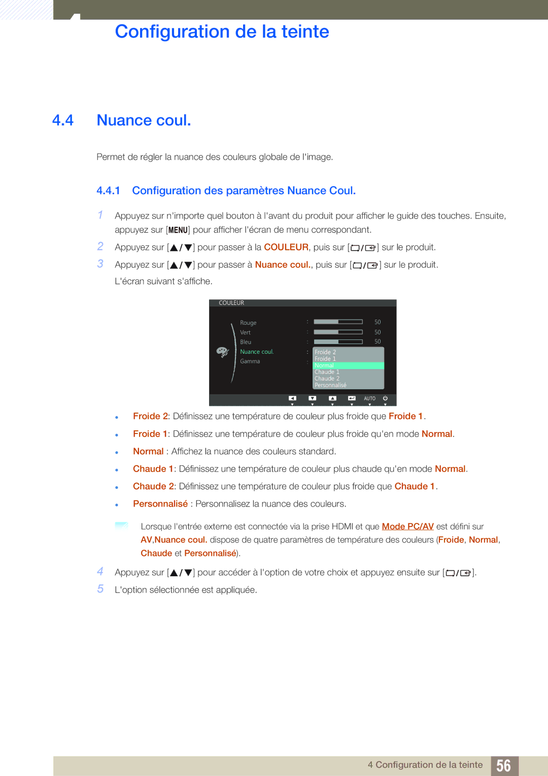 Samsung LS24C750PS/EN, LS27C750PS/EN manual Nuance coul, Configuration des paramètres Nuance Coul 