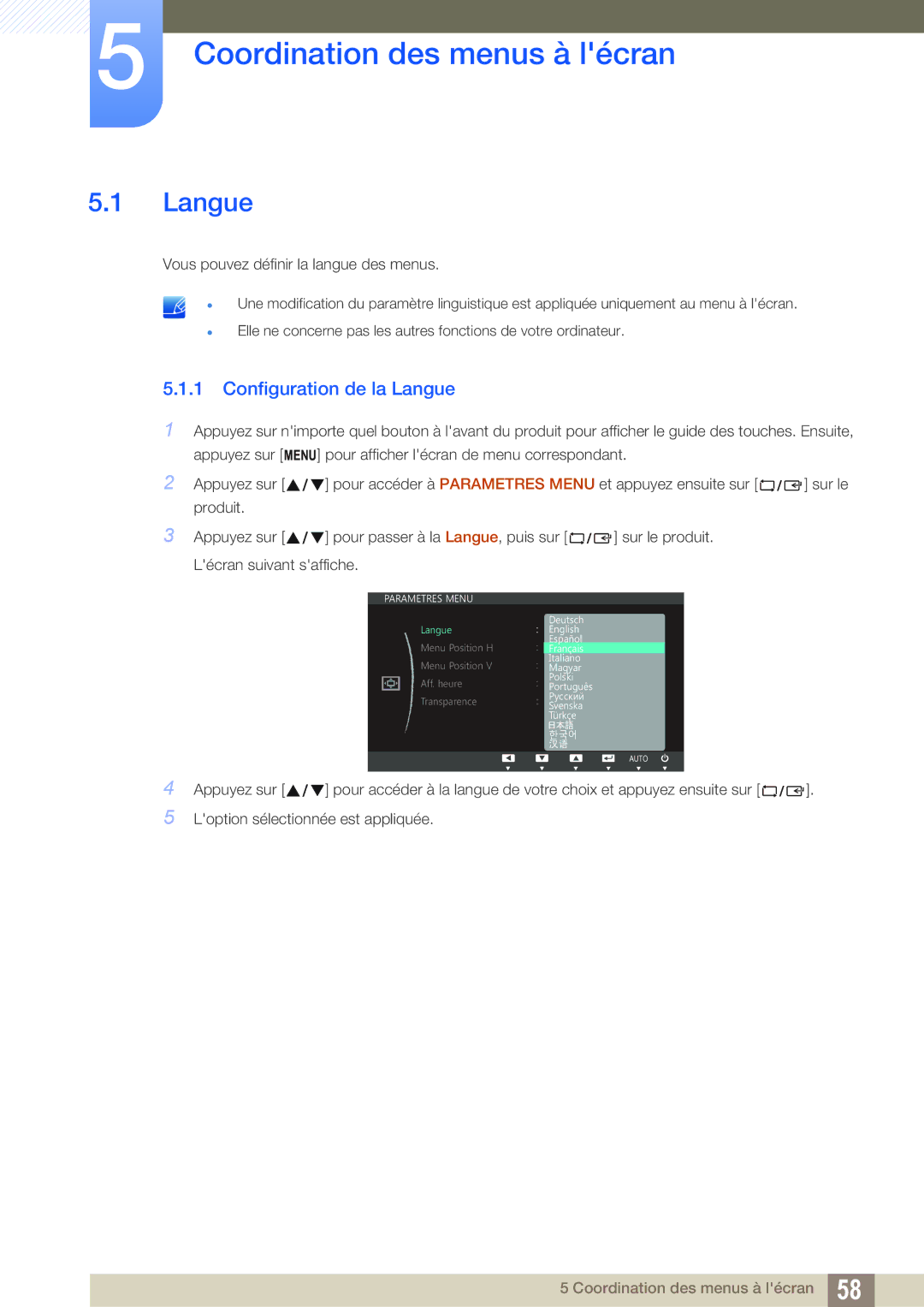 Samsung LS24C750PS/EN, LS27C750PS/EN manual Coordination des menus à lécran, Configuration de la Langue 