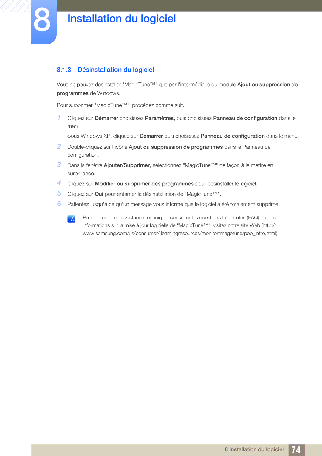 Samsung LS24C750PS/EN, LS27C750PS/EN manual 3 Désinstallation du logiciel 